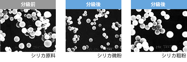 分級前のシリカ原料、分級後のシリカ微粉、分級後のシリカ粗粉